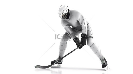 男性冰球运动员用白色 3D 渲染的棍子击打冰球