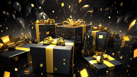 时尚圣诞节背景图片_时尚的生日礼物，一个 3D 渲染的黑色和黄色礼品盒