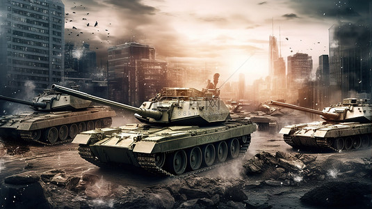 坦克大战背景图片_城市景观中的战争军用坦克 3D 渲染