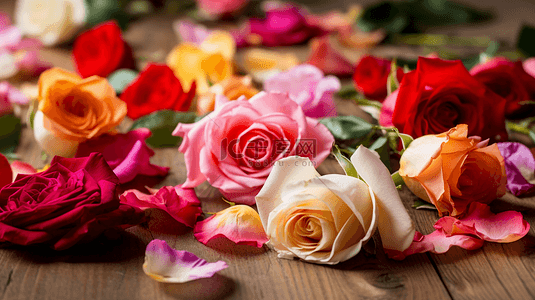 玫瑰飘落花瓣背景图片_红色粉色黄色玫瑰花瓣