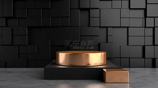 时尚的黑色和闪闪发光的金色讲台，具有现代块背景，用于产品展示 3D 渲染