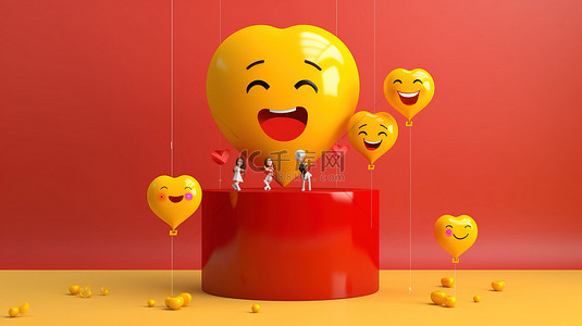 3d 接吻表情符号的讲台，背景是由表情符号制成的浮动爱情气球