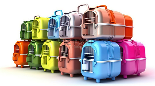 塑料宠物运输箱与白色背景上的彩色聚碳酸酯手提箱的 3D 渲染