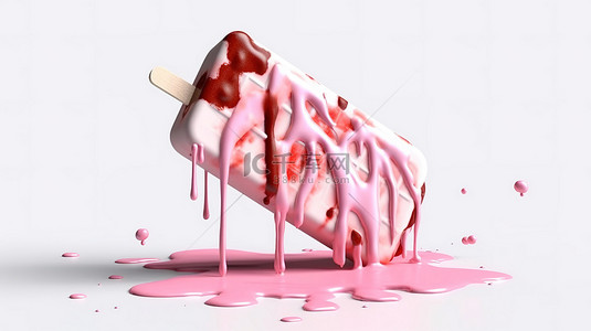 美味的粉色巧克力棒冰淇淋在 3D 渲染的干净白色表面上融化