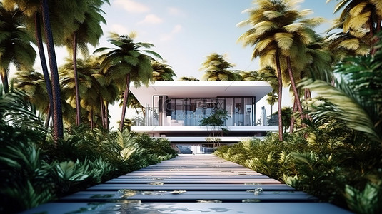 具有现代景观建筑的当代热带房屋的 3D 插图