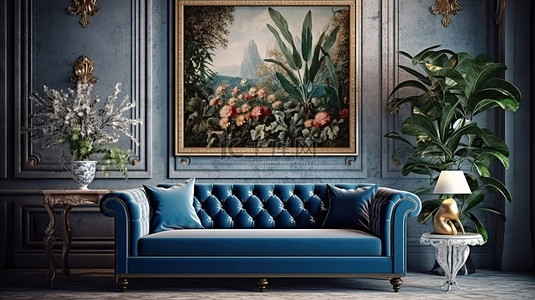 受古典启发的海报模型，在 3D 渲染的室内设有蓝色沙发和茂盛的植物