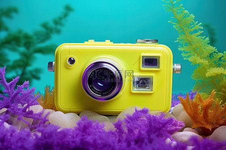 蓝色冰爽背景背景图片_海里有海藻的黄色水下相机