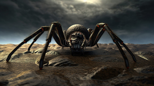 来势汹汹的黑蜘蛛袭击完美的恐怖万圣节蜘蛛和昆虫爱好者，具有 3D 插图