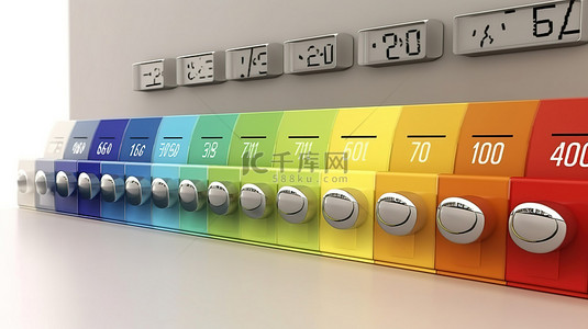 用于编程和能源效率评级的现代恒温器显示在白色背景 3D 渲染上