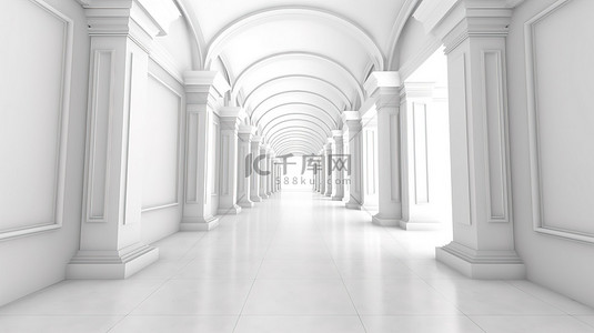 雄伟的走廊两旁排列着经典的柱子 3D 渲染在白色背景上
