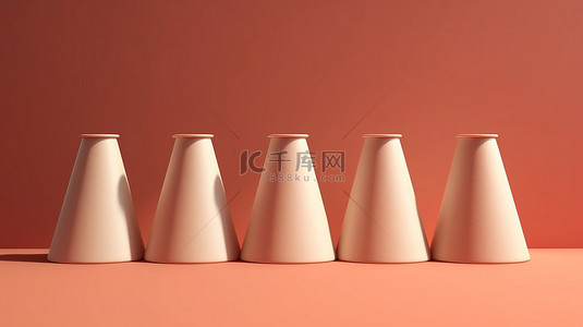 纸杯展示背景图片_金字塔形展台展示了一组六个带盖纸杯，呈现令人惊叹的 3D 渲染效果