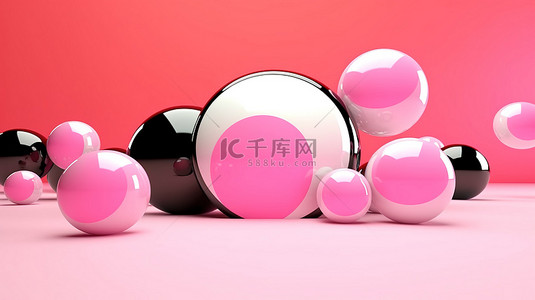 粉红色背景下 3D 渲染的抽象球体上的粉红色圆形形状簇