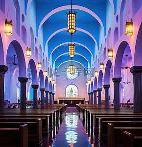 教堂椅子背景图片_充满长凳和明亮蓝色灯光的大教堂