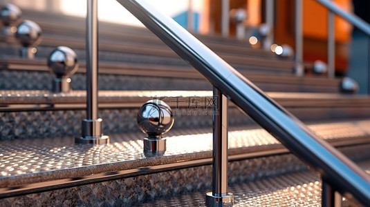 现代建筑楼梯和栏杆的复杂细节，以 3D 渲染的极其特写