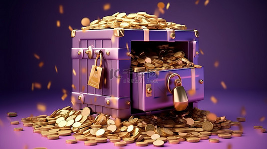紫色保险箱，里面装满了财富 3D 渲染的插图，展示了一个封闭的保险箱，周围环绕着金币和纸币