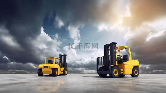 重型运输背景图片_天际线叉车和卡车 3D 渲染和插图