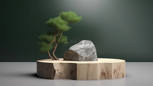品牌产品展览木讲台的样机模板与天然岩石和绿色植物基座在 3D 渲染