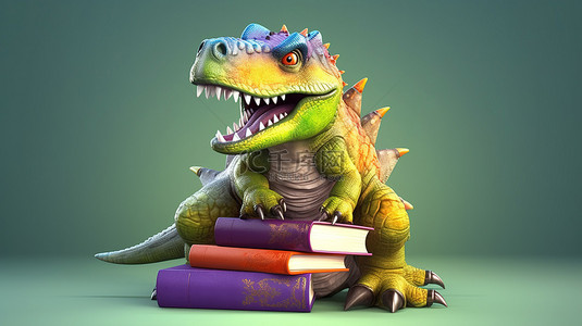 彩色书籍围绕着搞笑的 3D 霸王龙插图
