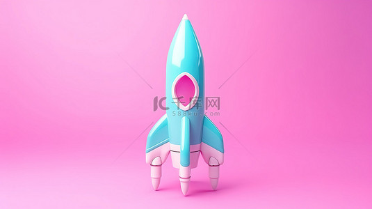 明亮的蓝色背景下柔和彩色卡通火箭的简约 3D 渲染