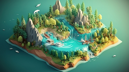 美丽的山水风景背景图片_迷人的等距世界 3D 插图，郁郁葱葱的绿色森林充满野生动物和美丽的蓝色海洋