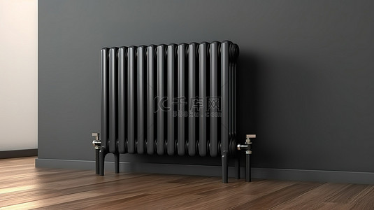 黑色舒适背景图片_灰色混凝土墙上黑色现代散热器的当代中央供暖 3D 渲染