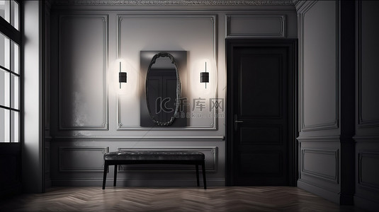 桌子模型背景图片_3d 渲染的室内场景走廊显示深色木质控制台和灰色皮革凳子模型
