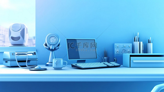 办公桌横幅与蓝色 pc 计算机 3d 渲染