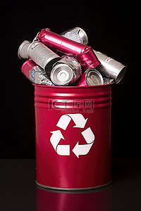 环保垃圾桶背景图片_带有回收罐和回收符号的红色垃圾桶