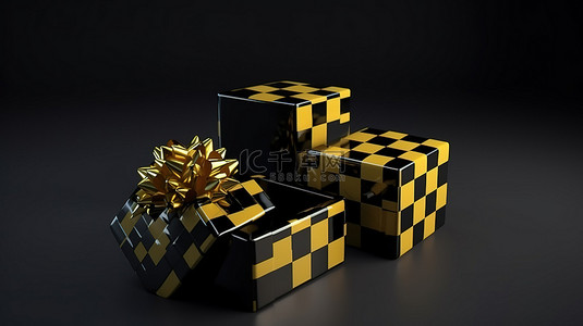 圣诞盒子背景图片_令人惊叹的黄色和黑色礼品盒的圣诞主题 3D 渲染