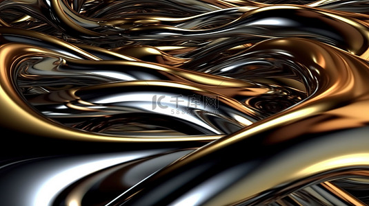 循环抽象数字背景与液态金属饰面 3D 渲染