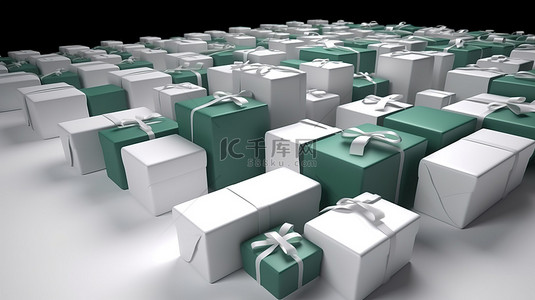 各种白色和绿色礼品盒，带有不同尺寸的丝带 3d 渲染