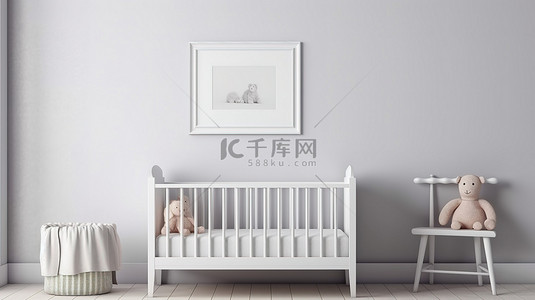白色简约框背景图片_简约的农舍托儿所白色金属婴儿床靠在原始的白色墙壁上，辅以墙壁上的水平框架室内设计灵感和 3D 渲染模型