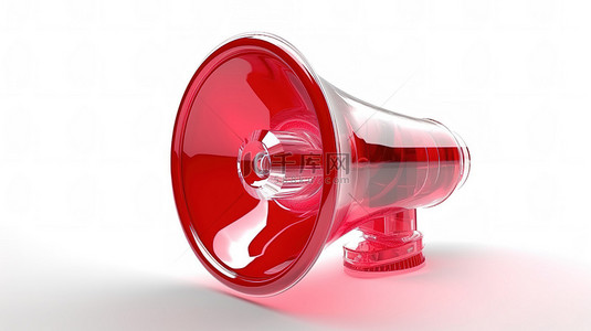喇叭宣传背景图片_红色卡通玻璃扬声器在白色单色背景上宣传营销符号的 3D 插图