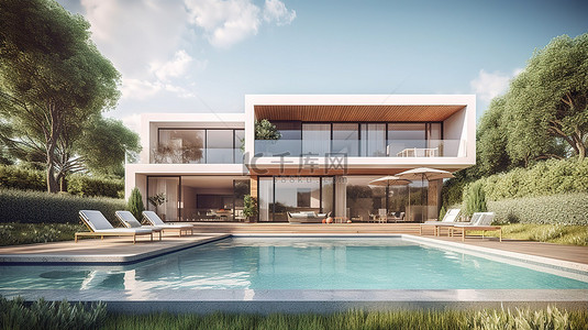 带游泳池和花园的现代别墅，令人惊叹的 3D 渲染