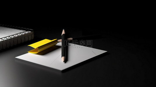 3D 渲染空白便条纸，黑色背景上带有笔和键盘，具有充足的复制空间