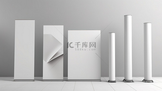 多功能卷起横幅以各种角度站立，用于贸易展览白色和空白 3D 渲染