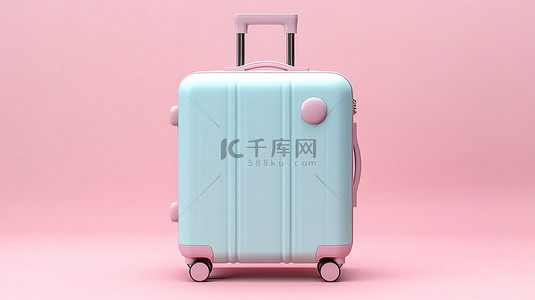 极简主义 3D 渲染粉红色背景与蓝色旅行手提箱完美的旅行概念