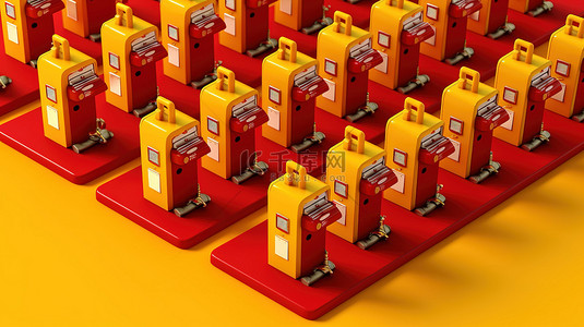 充满活力的复古等距气泵在黄色背景 3D 渲染下排列成行