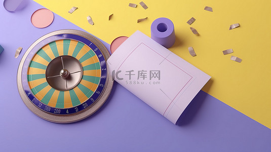 桌卡蓝色背景图片_带 3d 轮盘赌和信封的淡紫色背景，带有黄色和蓝色的赌博概念优惠券