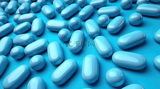 蓝色背景，胶囊药丸的图案代表医疗保健和医疗概念，包括抗生素和 3D 渲染的治疗