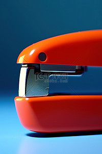 红色办公背景图片_蓝色背景上带有红色手柄的橙色订书机