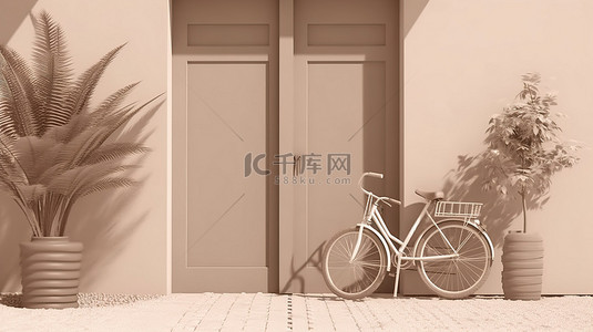 古色门背景图片_带有遮阳阴影的门和自行车厂概念的单色柔和米色 3D 渲染