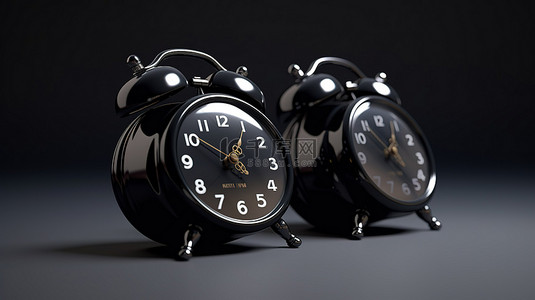 微型双铃黑色闹钟一个 3d 渲染的叫醒电话，带有时间设置和定时自组织