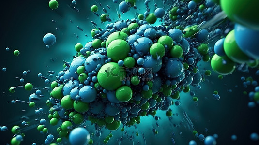 宇宙中的混沌 3D 渲染蓝色和绿色球体以及空虚中飞行的粒子