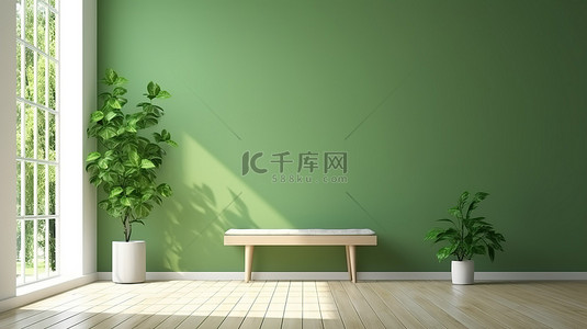 绿墙和白色椅子的 3D 渲染，配有木地板白色窗户和长凳