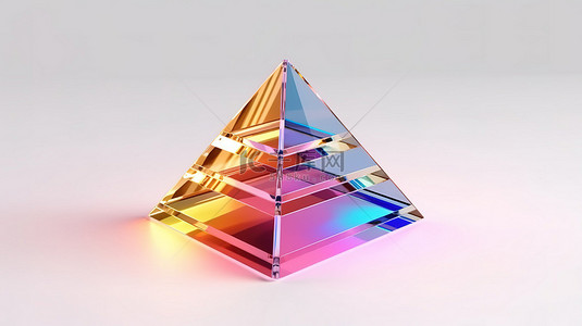 白色背景上具有简约抽象棱镜设计的彩色玻璃金字塔的 3D 渲染