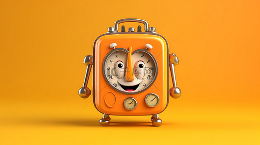 一个欢快的闹钟吉祥物在充满活力的黄色背景下携带橙色旅行箱的 3d 渲染