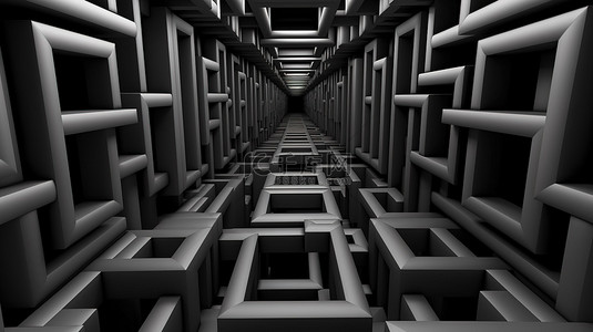 黑色背景上的 3D 抽象插图中由灰色几何形状制成的无尽隧道