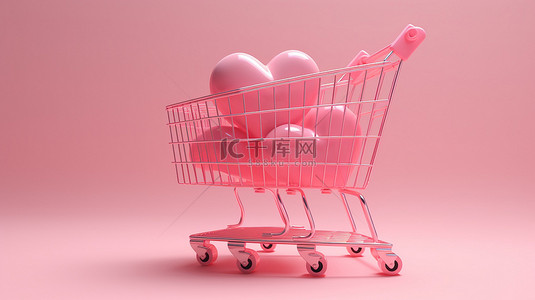 情人节粉背景图片_情人节销售概念最小的粉红色购物车，心形漂浮在 3D 渲染中，隔离在柔和的背景上