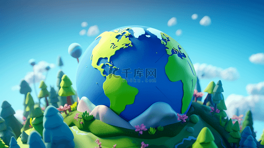 绿色地球星球背景图片_地球树林天空卡通插画背景